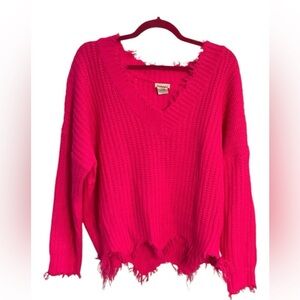 Main Strip Hot Pink Distressed V-Neck Sweater